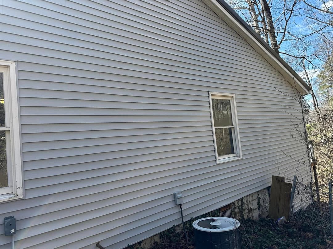 Side view of a house featuring vinyl siding, a window, and visible landscaping.